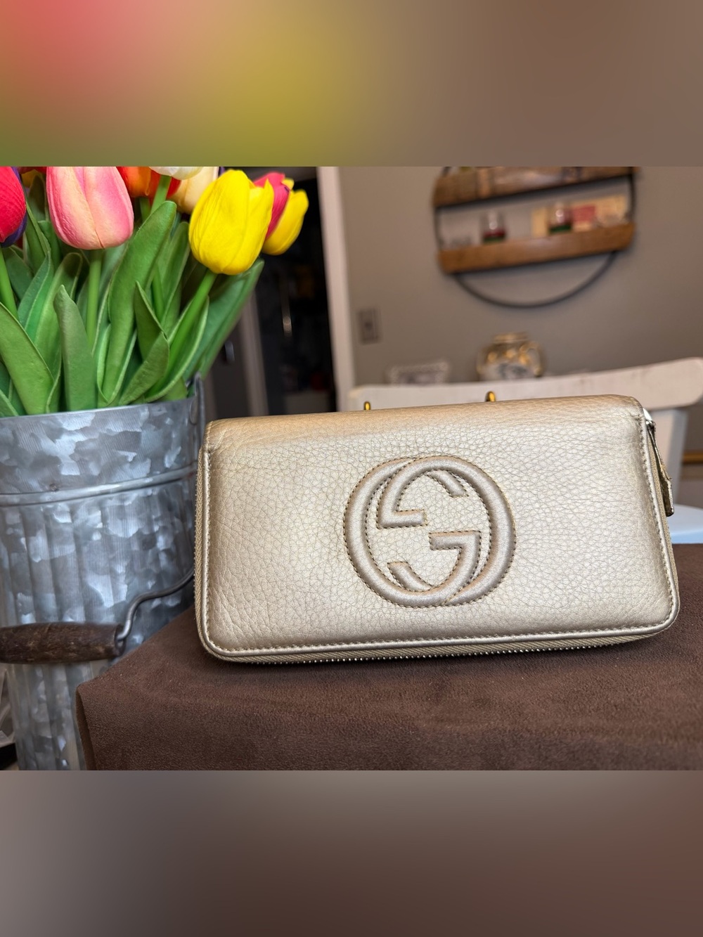 Gucci Metallic Gold Pebbled Leather Double Zip Around Wallet
